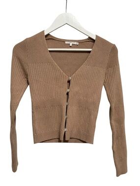 NIA Cropped Ribbed Button-Front Cardigan — Tan